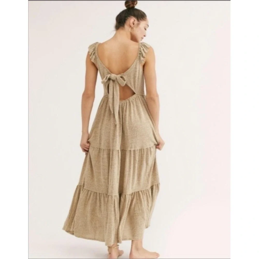 Free People Langley Maxi Dress Womens Small Beige FP Beach Ruffle Tie Back Linen